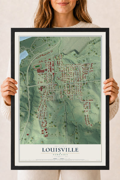 Map of Louisville, Nebraska, 18 x 24 inch print in a black wood frame
