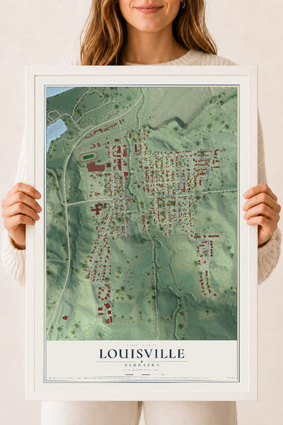 Map of Louisville, Nebraska, 18 x 24 inch print in a white wood frame