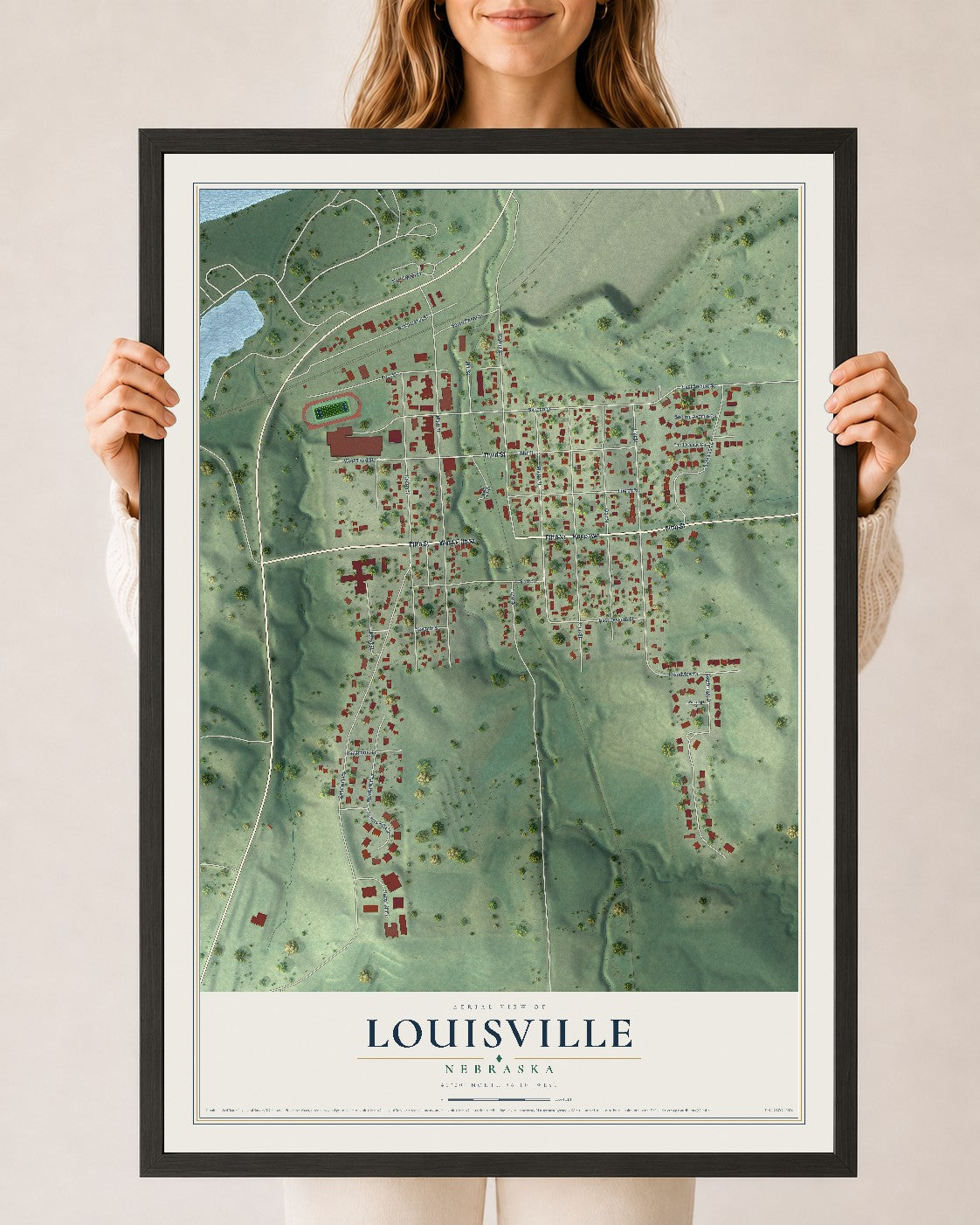 Map of Louisville, Nebraska, 24 x 36 inch print in a black wood frame