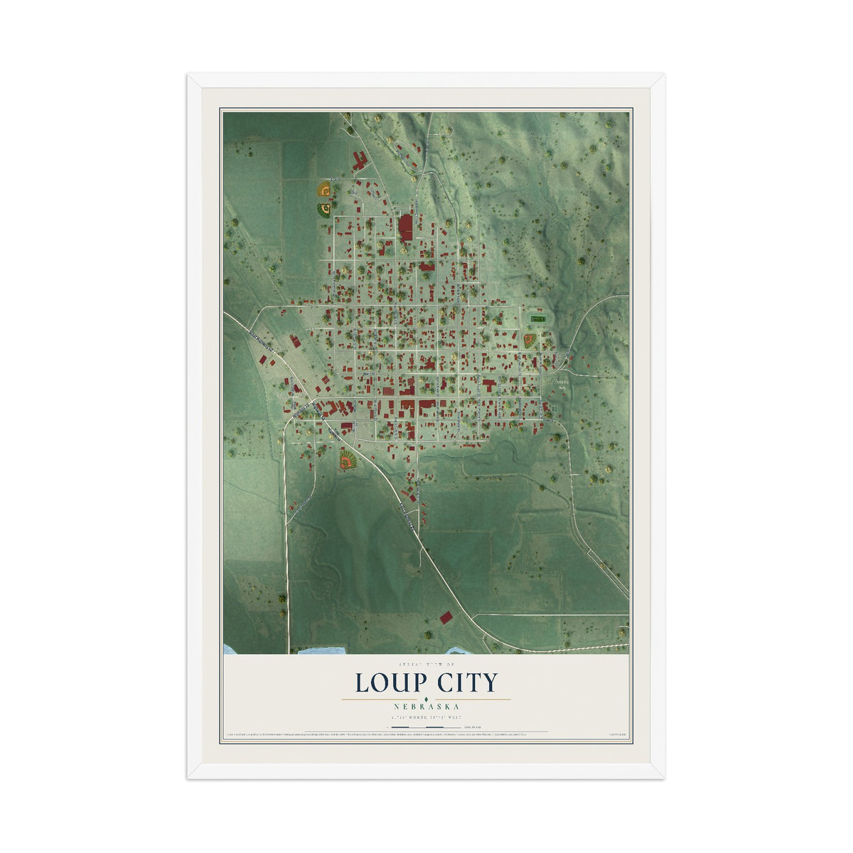 Map of Loup City, Nebraska, 12 x 18 inch print in a white wood frame