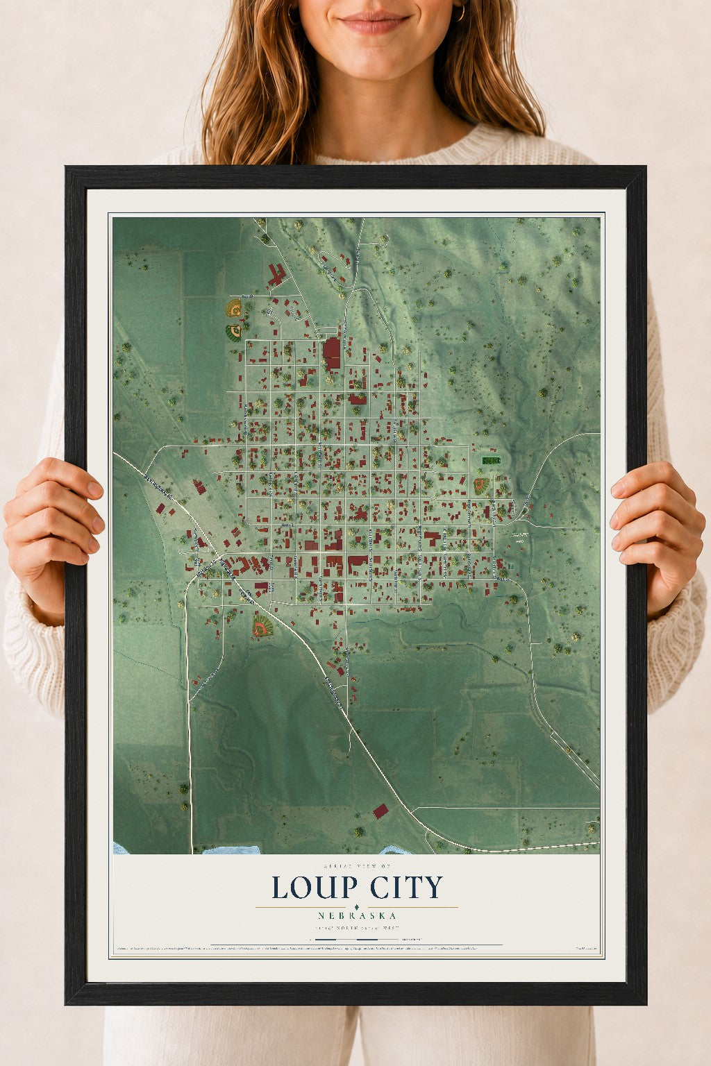 Map of Loup City, Nebraska, 18 x 24 inch print in a black wood frame