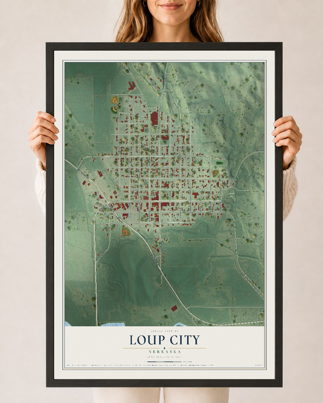 Map of Loup City, Nebraska, 24 x 36 inch print in a black wood frame