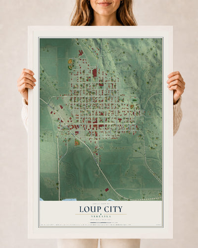 Map of Loup City, Nebraska, 24 x 36 inch print in a white wood frame