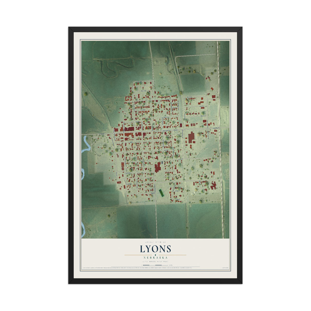 Map of Lyons, Nebraska, 12 x 18 inch print in a black wood frame