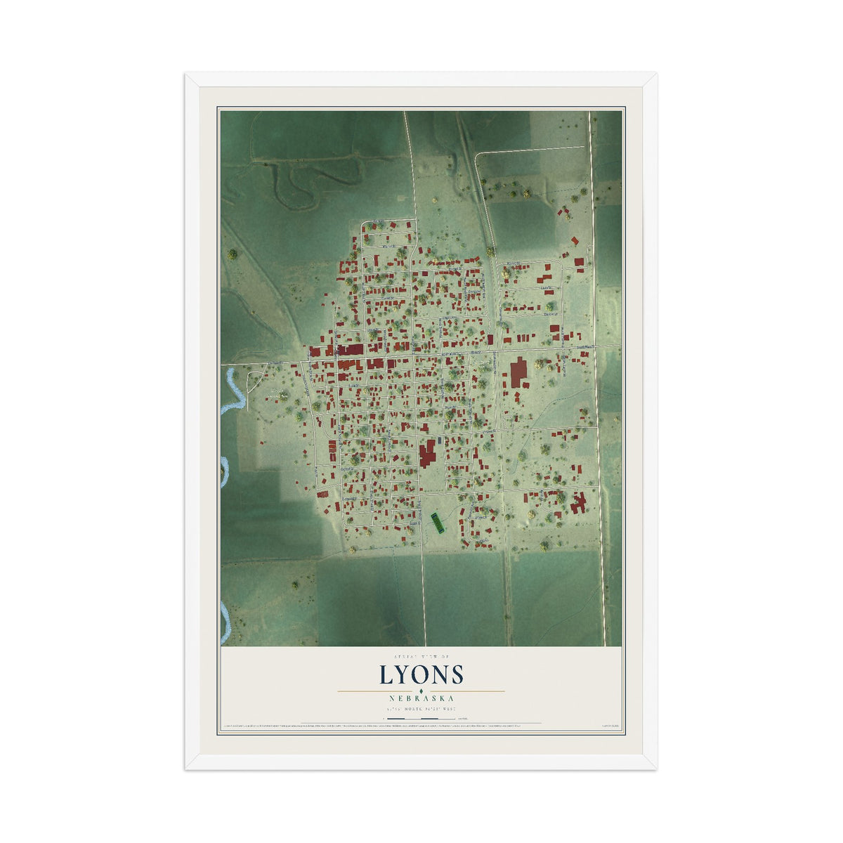 Map of Lyons, Nebraska, 12 x 18 inch print in a white wood frame