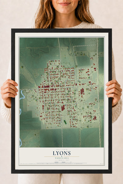 Map of Lyons, Nebraska, 18 x 24 inch print in a black wood frame