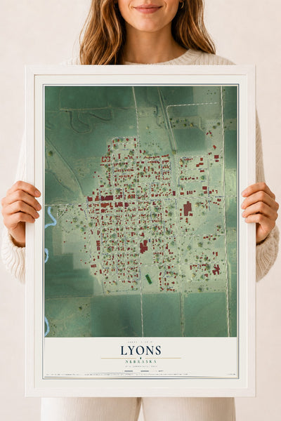 Map of Lyons, Nebraska, 18 x 24 inch print in a white wood frame