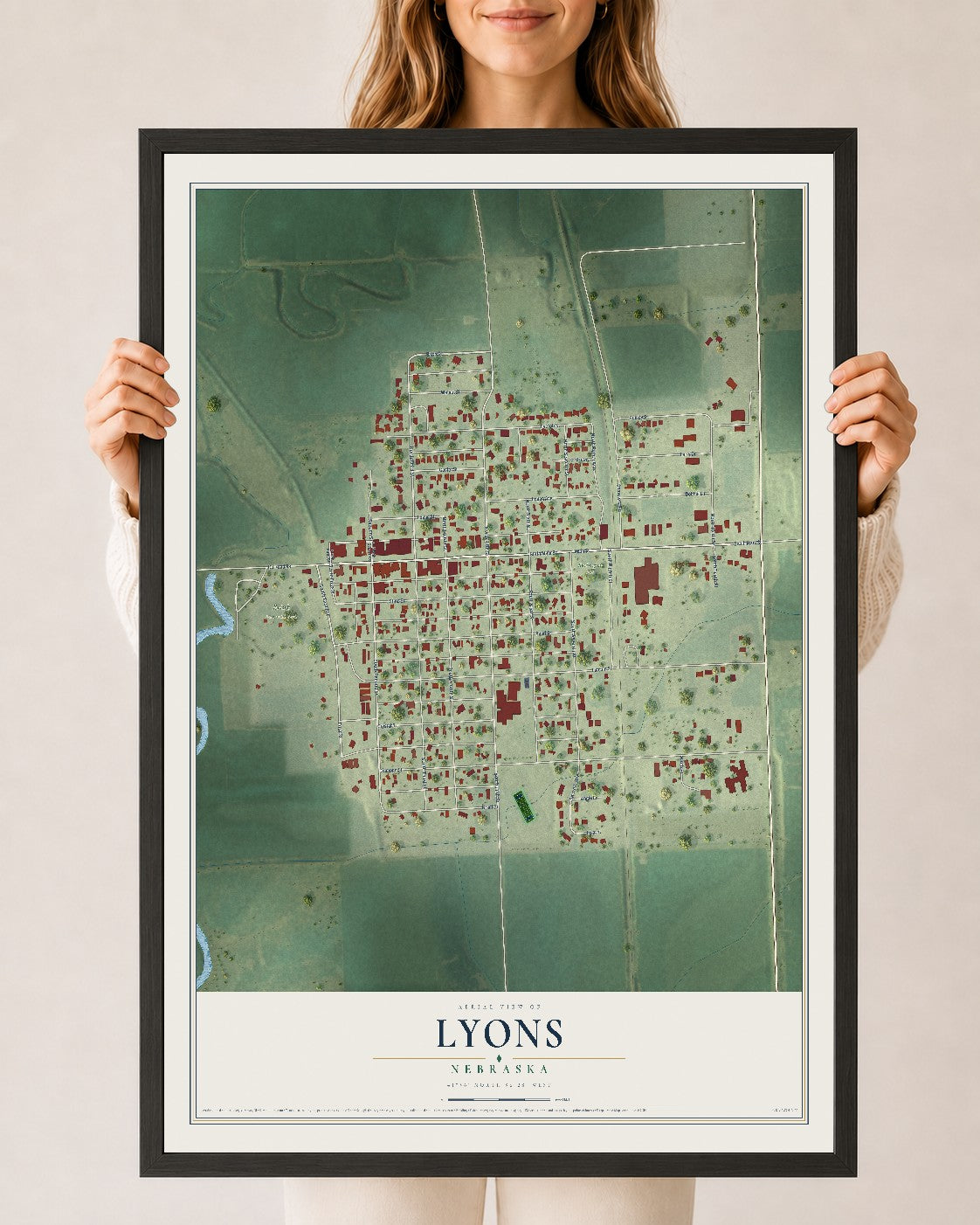 Map of Lyons, Nebraska, 24 x 36 inch print in a black wood frame