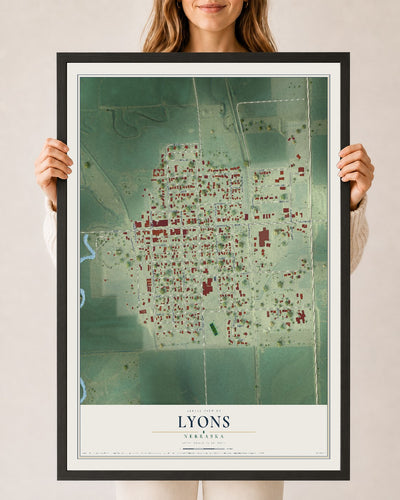 Map of Lyons, Nebraska, 24 x 36 inch print in a black wood frame