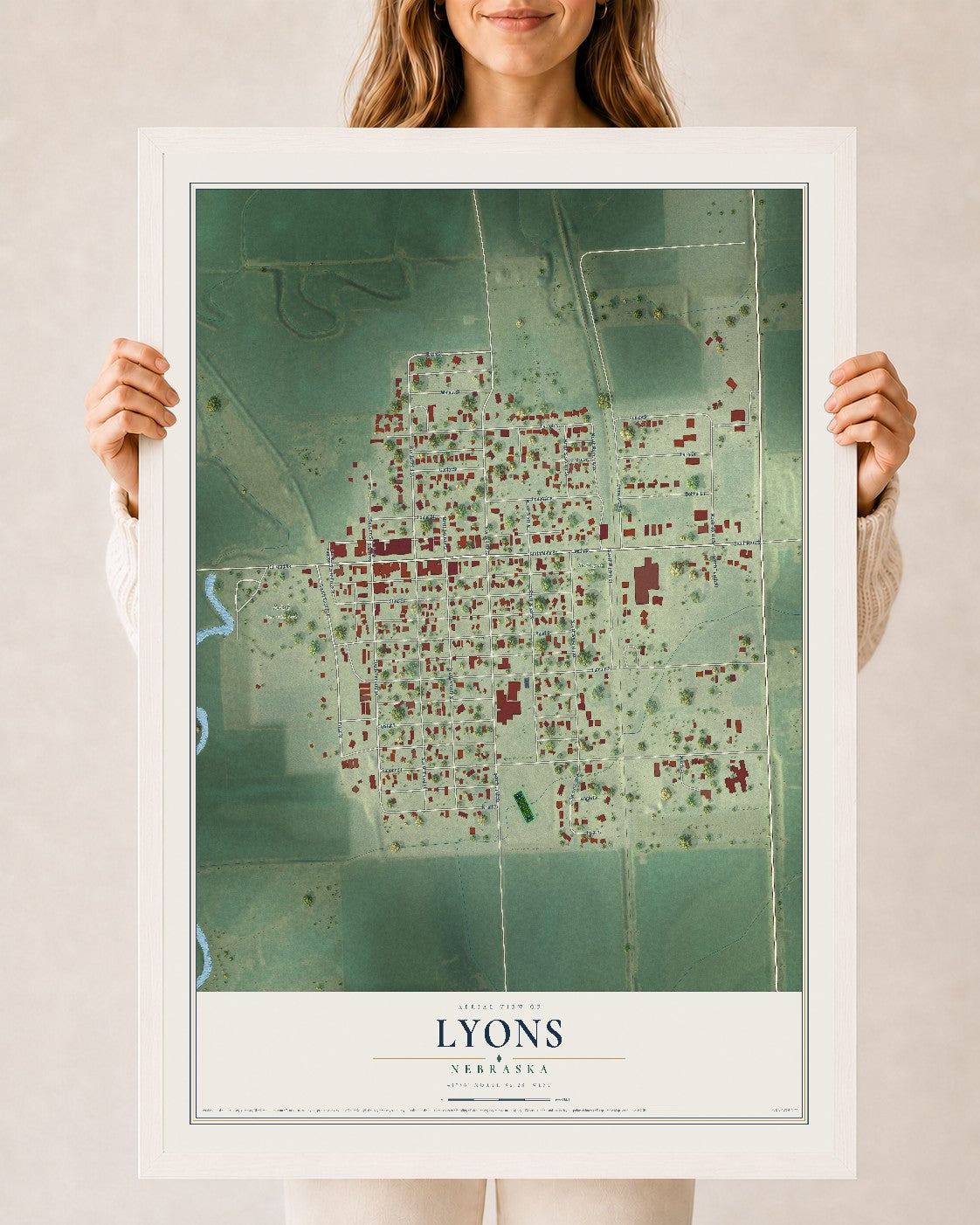 Map of Lyons, Nebraska, 24 x 36 inch print in a white wood frame