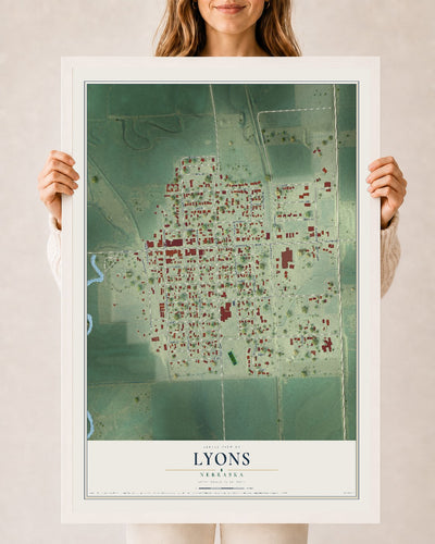 Map of Lyons, Nebraska, 24 x 36 inch print in a white wood frame
