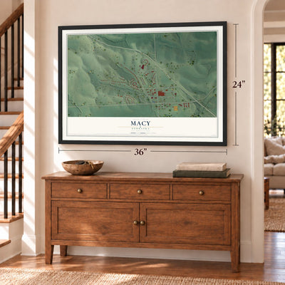 Macy, Nebraska map, 24 x 36 inch print in a black frame above a dresser by a staircase