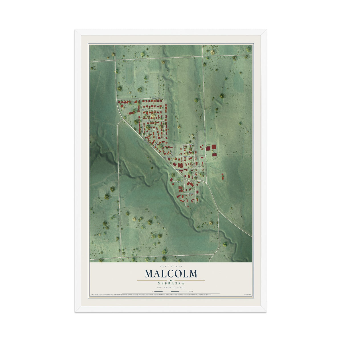 Map of Malcolm, Nebraska, 12 x 18 inch print in a white wood frame