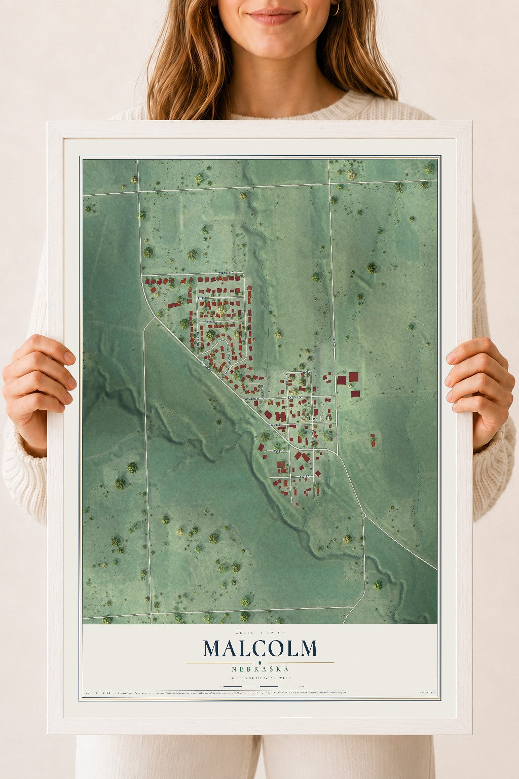 Map of Malcolm, Nebraska, 18 x 24 inch print in a white wood frame