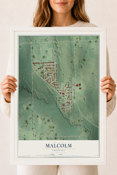 Map of Malcolm, Nebraska, 18 x 24 inch print in a white wood frame