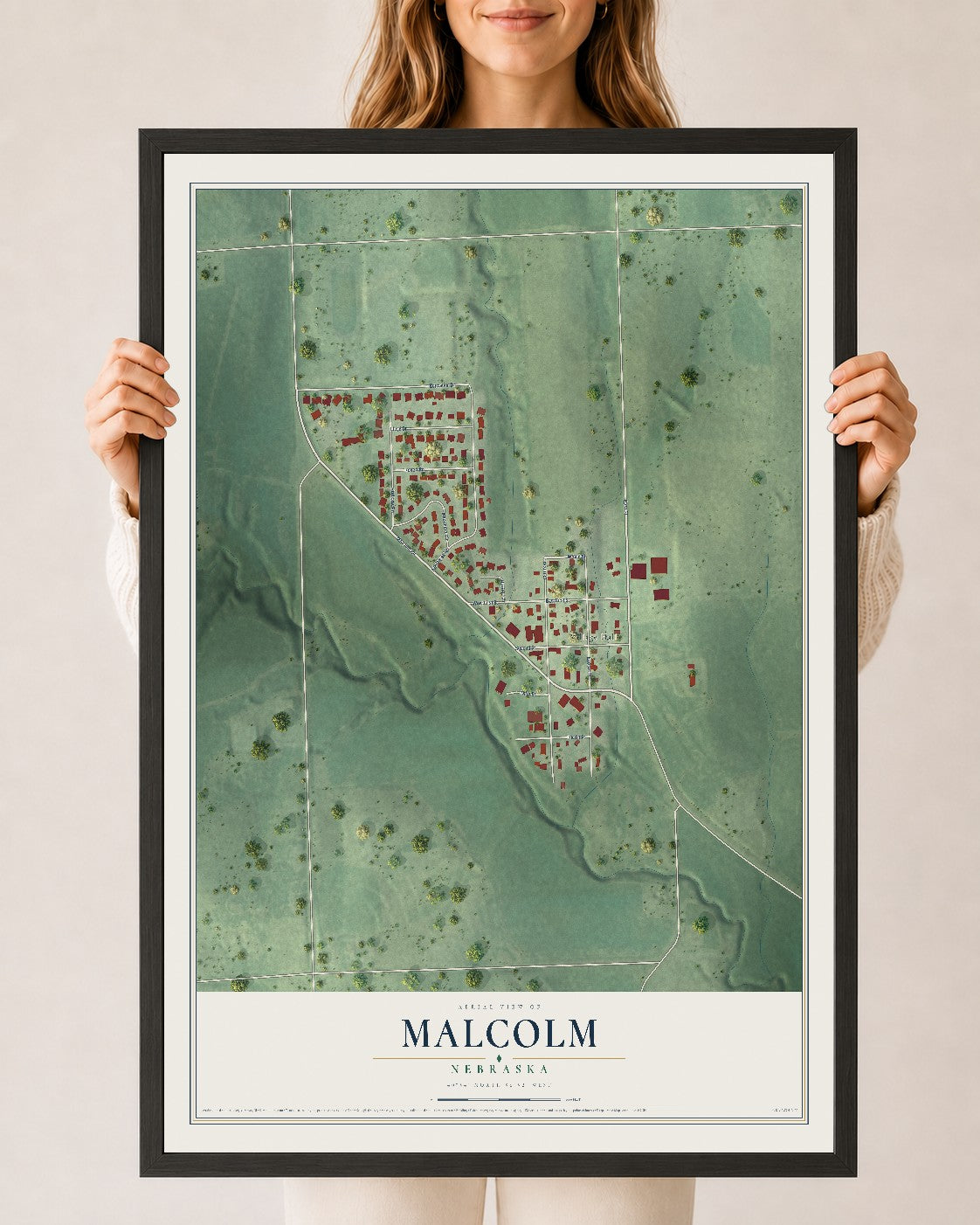 Map of Malcolm, Nebraska, 24 x 36 inch print in a black wood frame