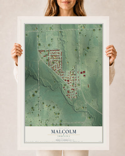 Map of Malcolm, Nebraska, 24 x 36 inch print in a white wood frame