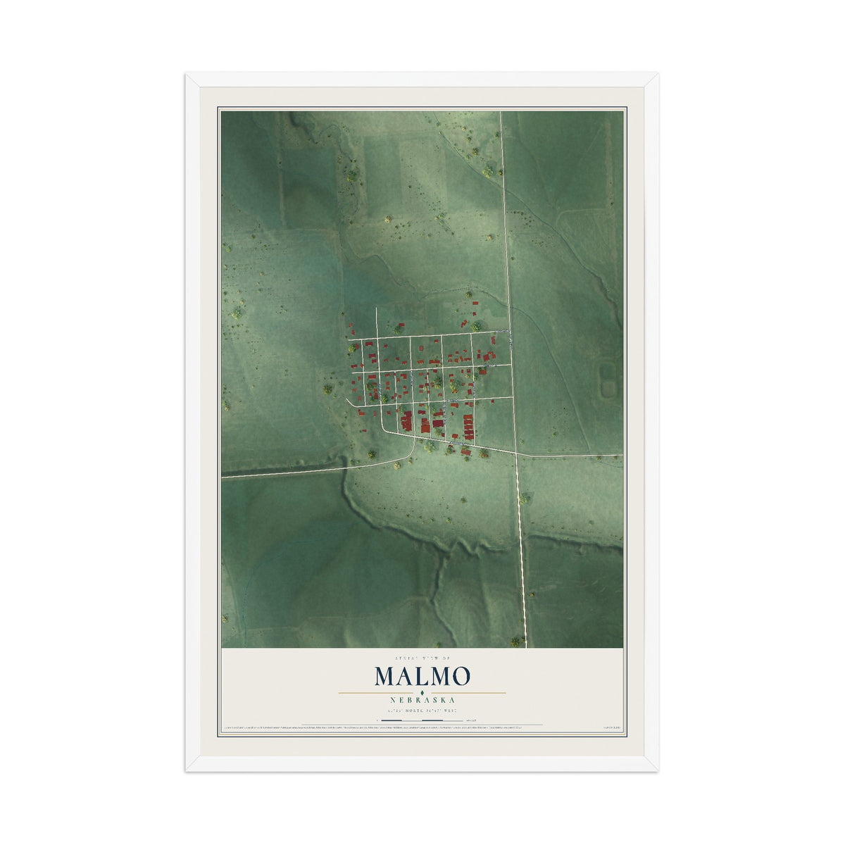 Map of Malmo, Nebraska, 12 x 18 inch print in a white wood frame