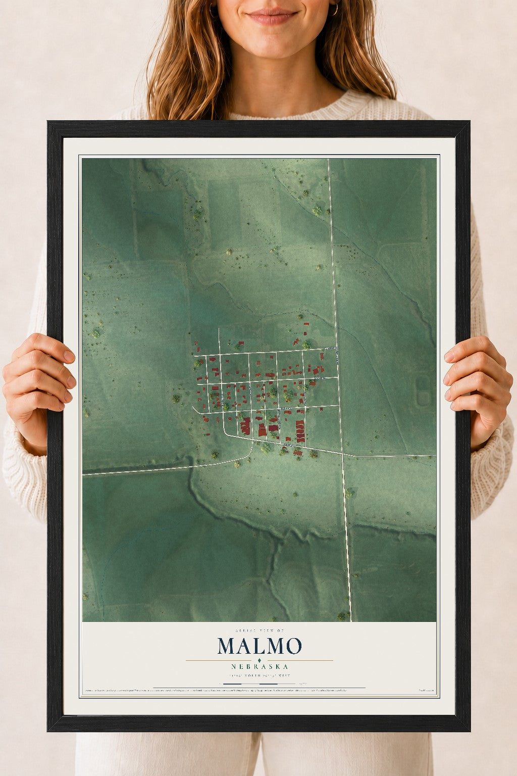 Map of Malmo, Nebraska, 18 x 24 inch print in a black wood frame