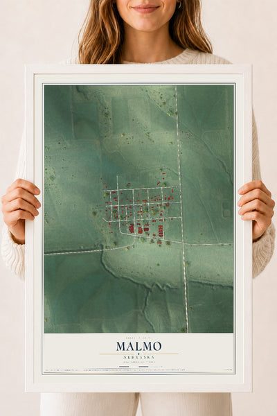 Map of Malmo, Nebraska, 18 x 24 inch print in a white wood frame