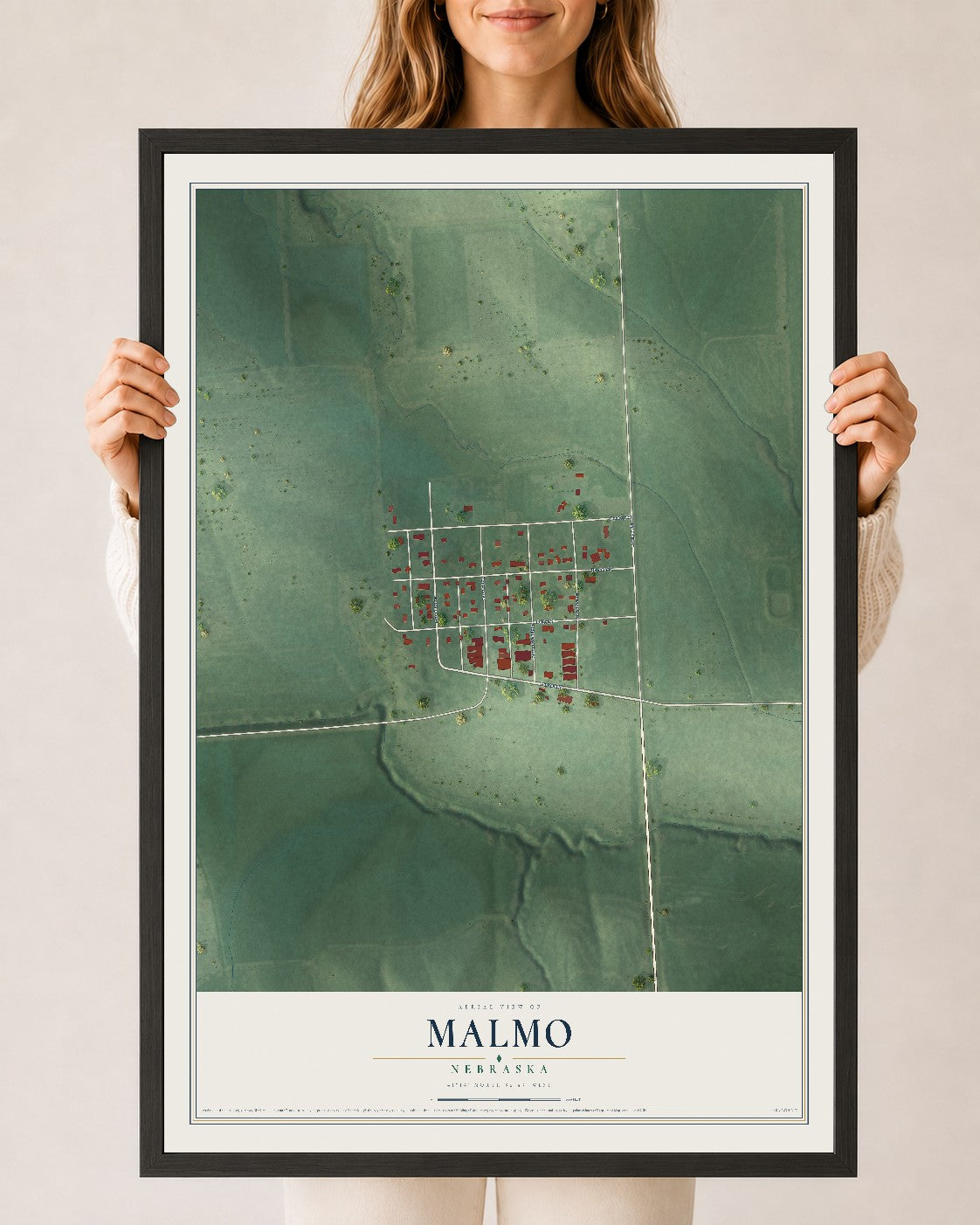Map of Malmo, Nebraska, 24 x 36 inch print in a black wood frame