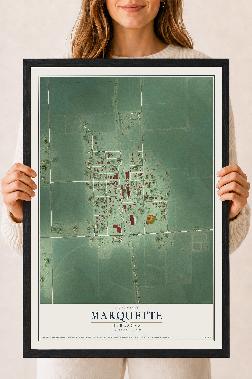 Map of Marquette, Nebraska, 18 x 24 inch print in a black wood frame