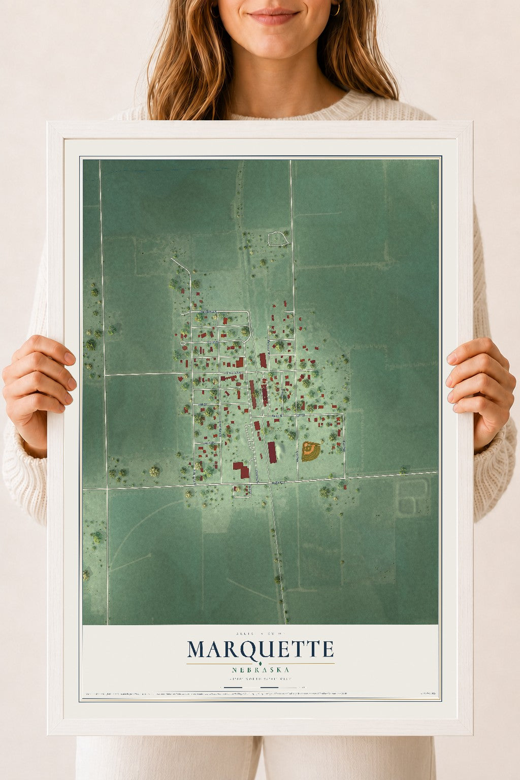 Map of Marquette, Nebraska, 18 x 24 inch print in a white wood frame