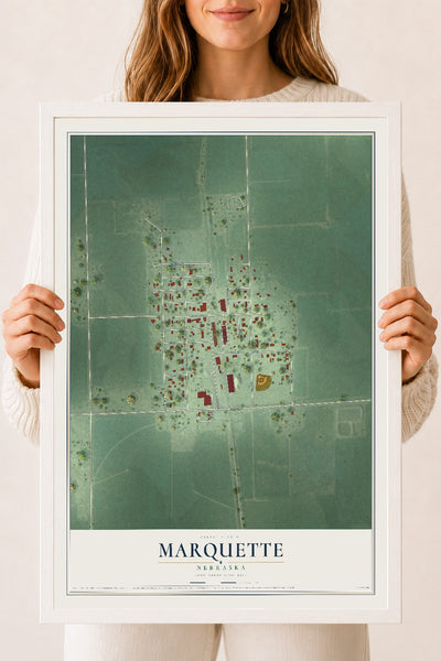 Map of Marquette, Nebraska, 18 x 24 inch print in a white wood frame