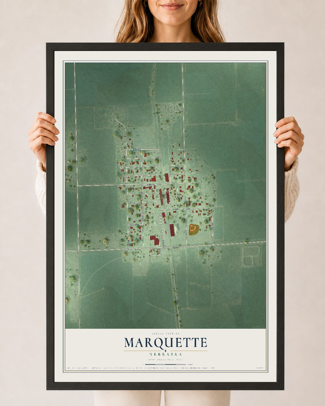 Map of Marquette, Nebraska, 24 x 36 inch print in a black wood frame