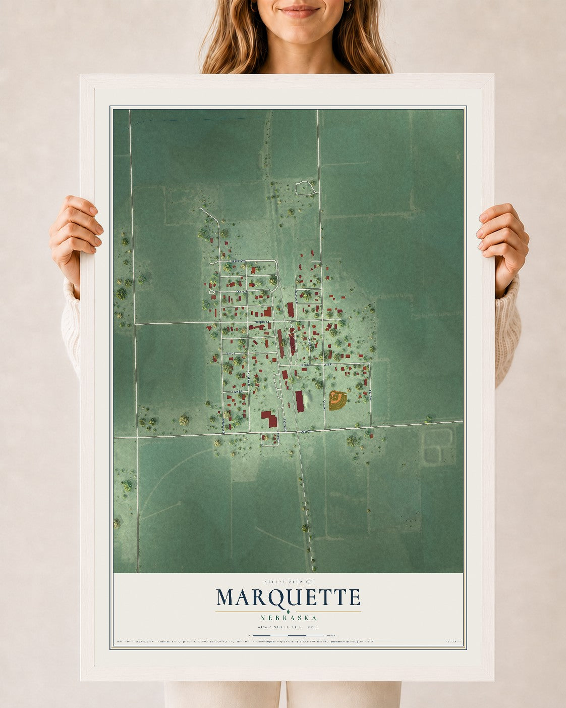 Map of Marquette, Nebraska, 24 x 36 inch print in a white wood frame