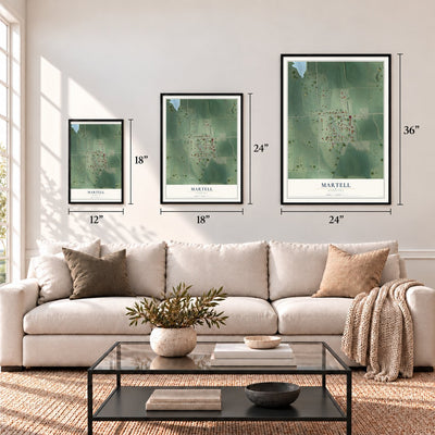 Martell, Nebraska map in 12 x 18, 18 x 24 and 24 x 36 inch sizes above a sofa