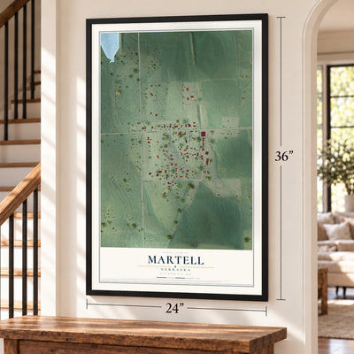 Martell, Nebraska map, 24 x 36 inch print in a black frame by a staircase