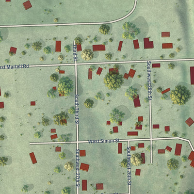 Close-up of the map of Martell, Nebraska print showing street and building detail