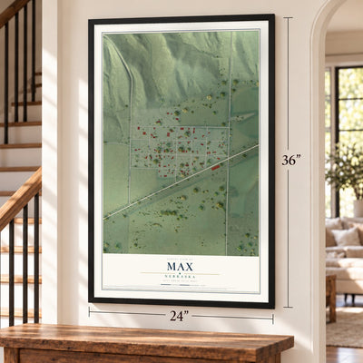 Max, Nebraska map, 24 x 36 inch print in a black frame by a staircase