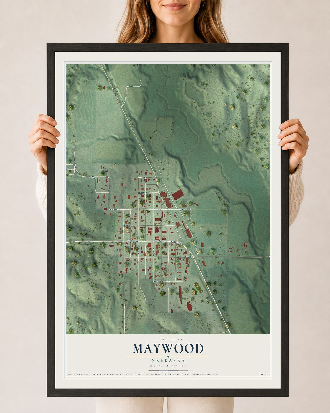 Map of Maywood, Nebraska, 24 x 36 inch print in a black wood frame