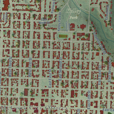 Close-up of the map of McCook, Nebraska print showing street and building detail