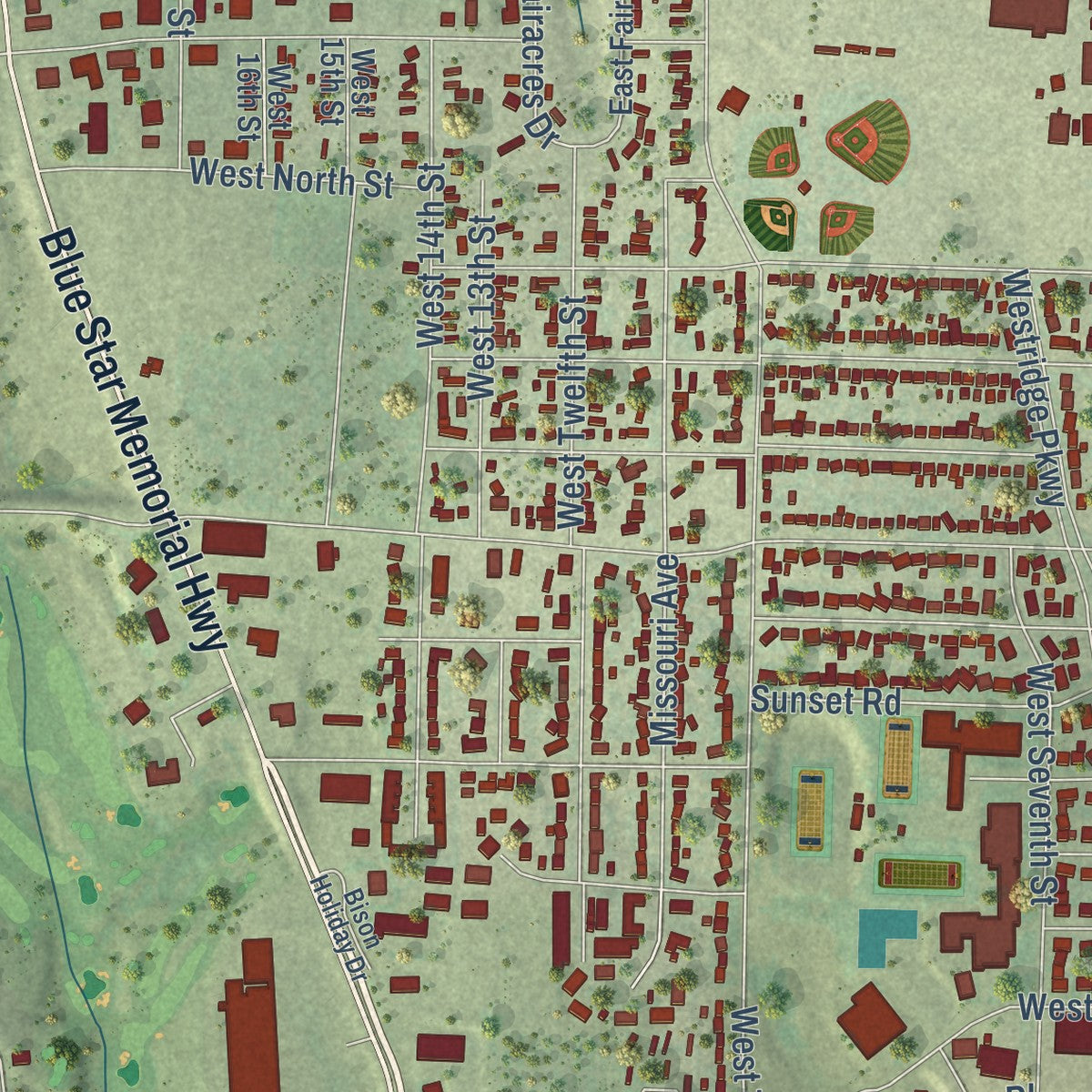 Second close-up of the map of McCook, Nebraska print showing more streets and buildings