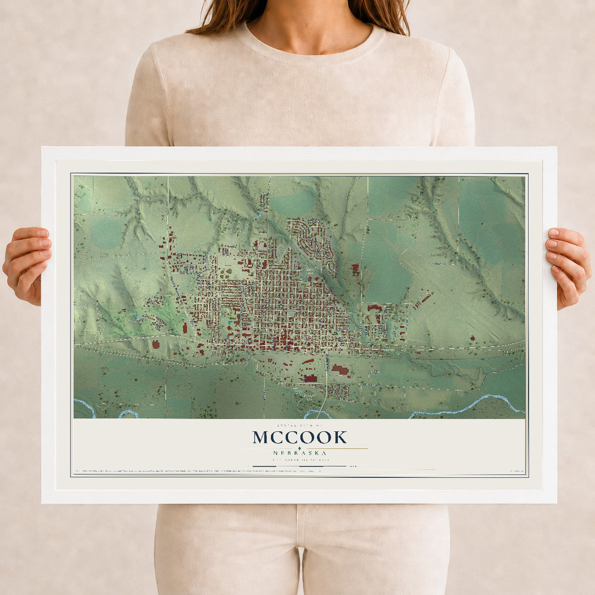 Map of McCook, Nebraska, 12 x 18 inch print in a white wood frame