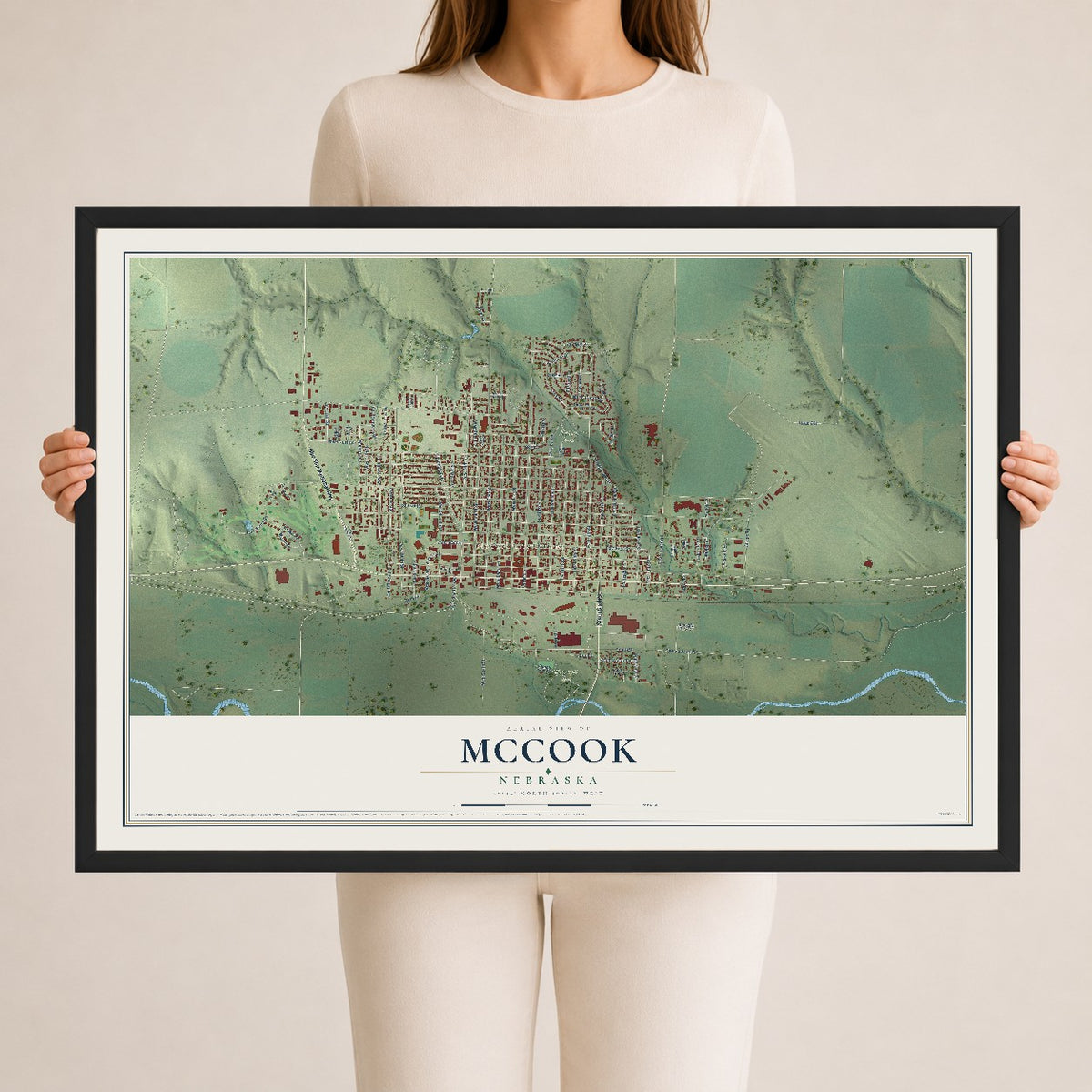 Map of McCook, Nebraska, 24 x 36 inch print in a black wood frame