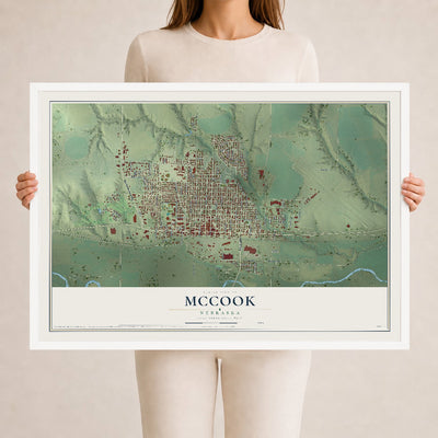 Map of McCook, Nebraska, 24 x 36 inch print in a white wood frame