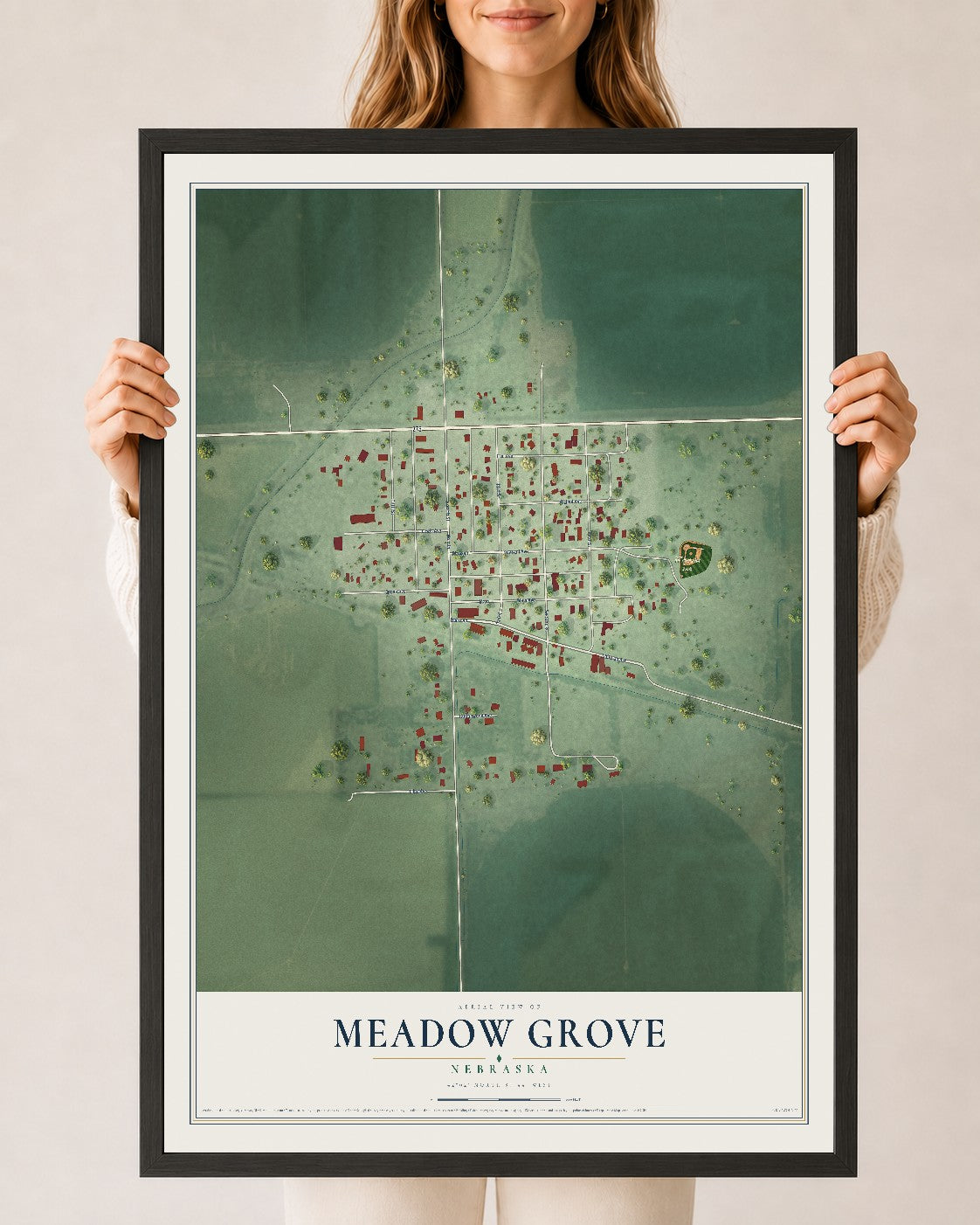 Map of Meadow Grove, Nebraska, 24 x 36 inch print in a black wood frame