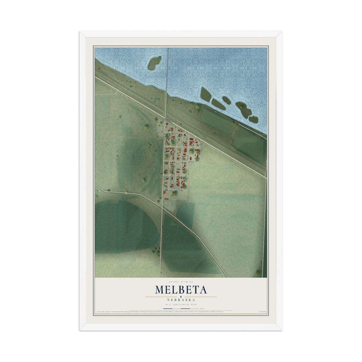 Map of Melbeta, Nebraska, 12 x 18 inch print in a white wood frame