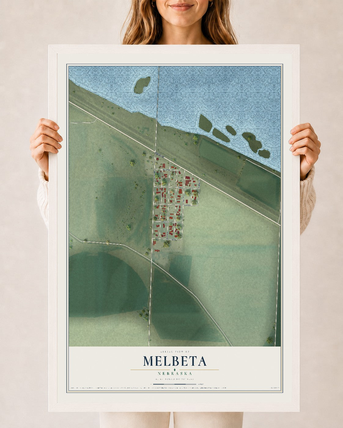 Map of Melbeta, Nebraska, 24 x 36 inch print in a white wood frame