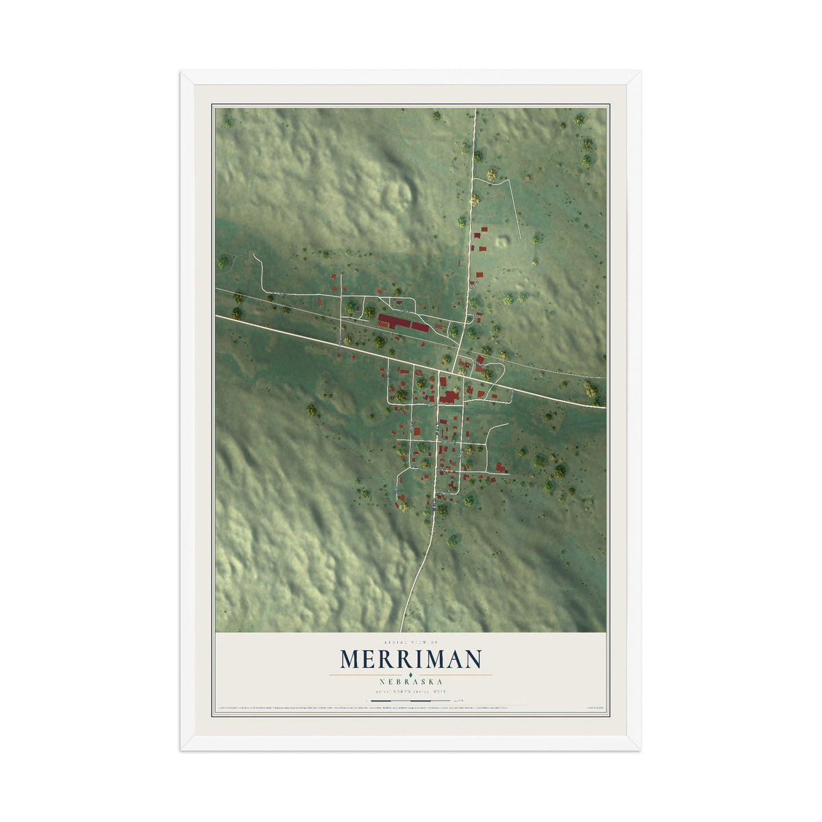 Map of Merriman, Nebraska, 12 x 18 inch print in a white wood frame