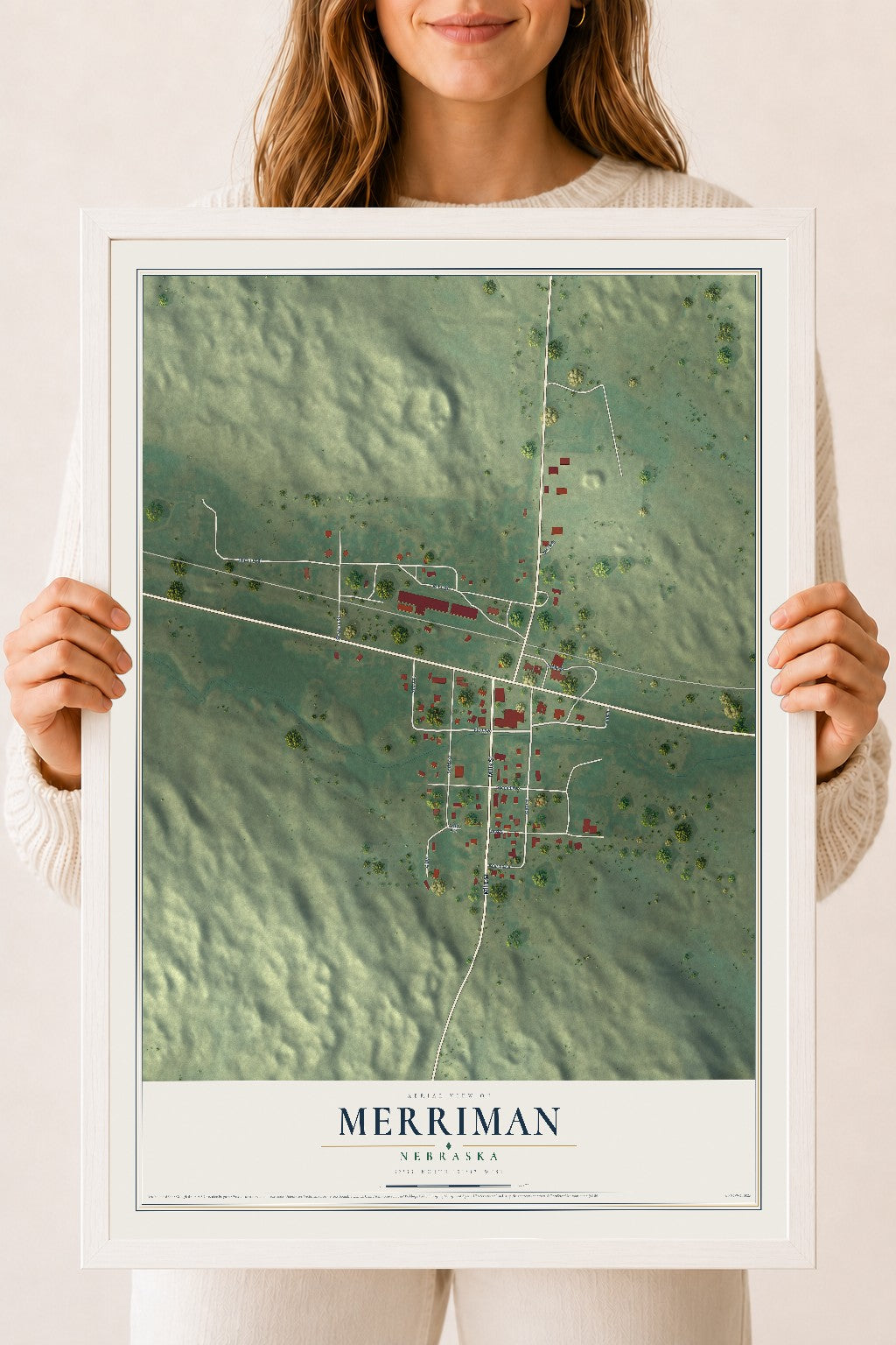 Map of Merriman, Nebraska, 18 x 24 inch print in a white wood frame
