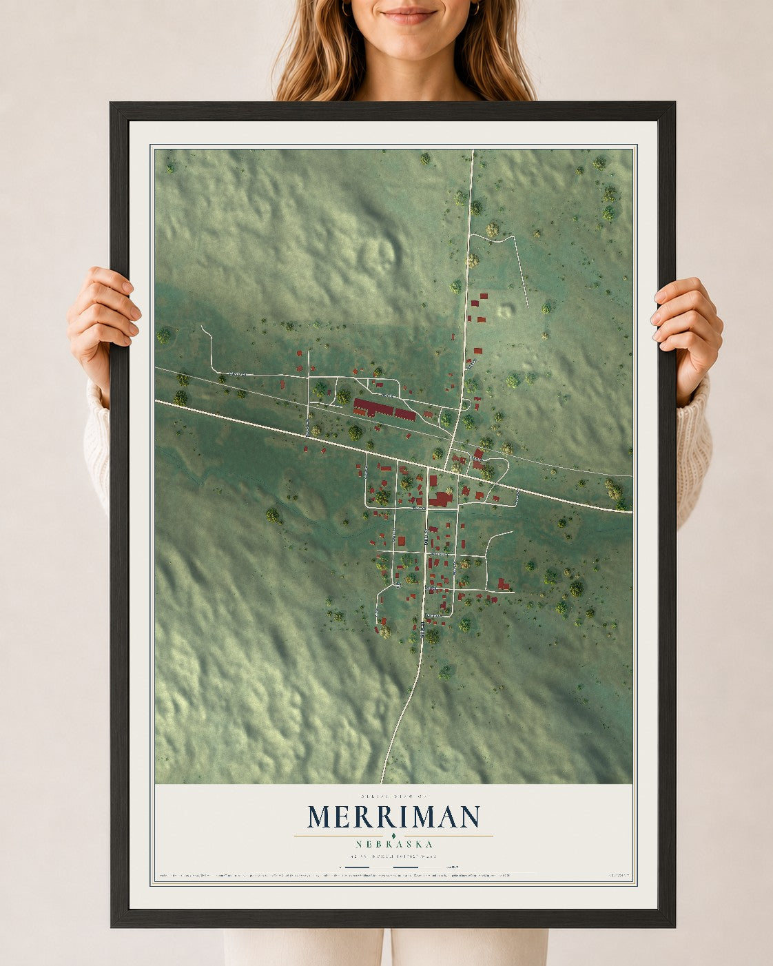 Map of Merriman, Nebraska, 24 x 36 inch print in a black wood frame