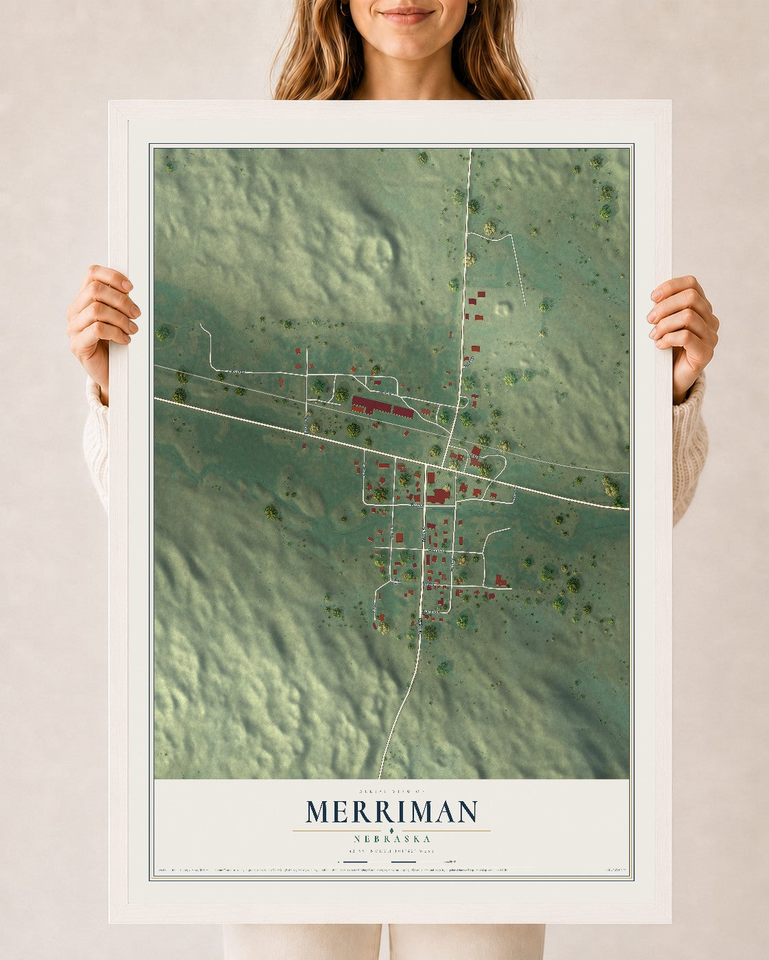 Map of Merriman, Nebraska, 24 x 36 inch print in a white wood frame