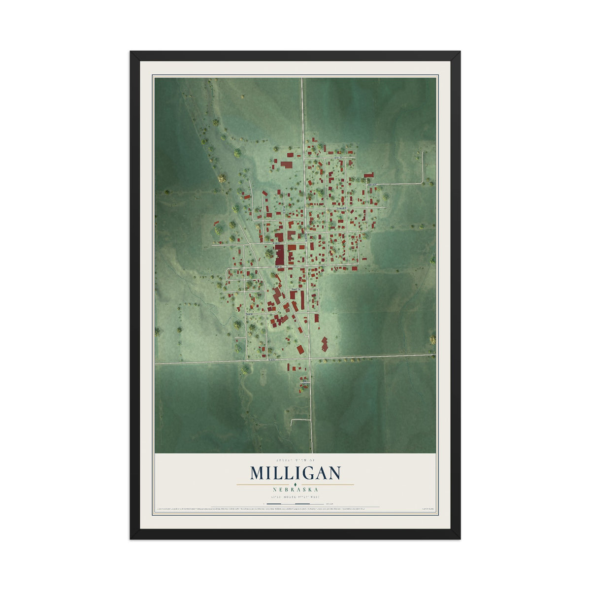 Map of Milligan, Nebraska, 12 x 18 inch print in a black wood frame