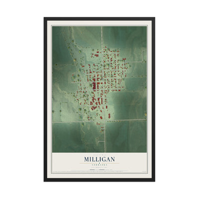 Map of Milligan, Nebraska, 12 x 18 inch print in a black wood frame