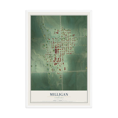 Map of Milligan, Nebraska, 12 x 18 inch print in a white wood frame